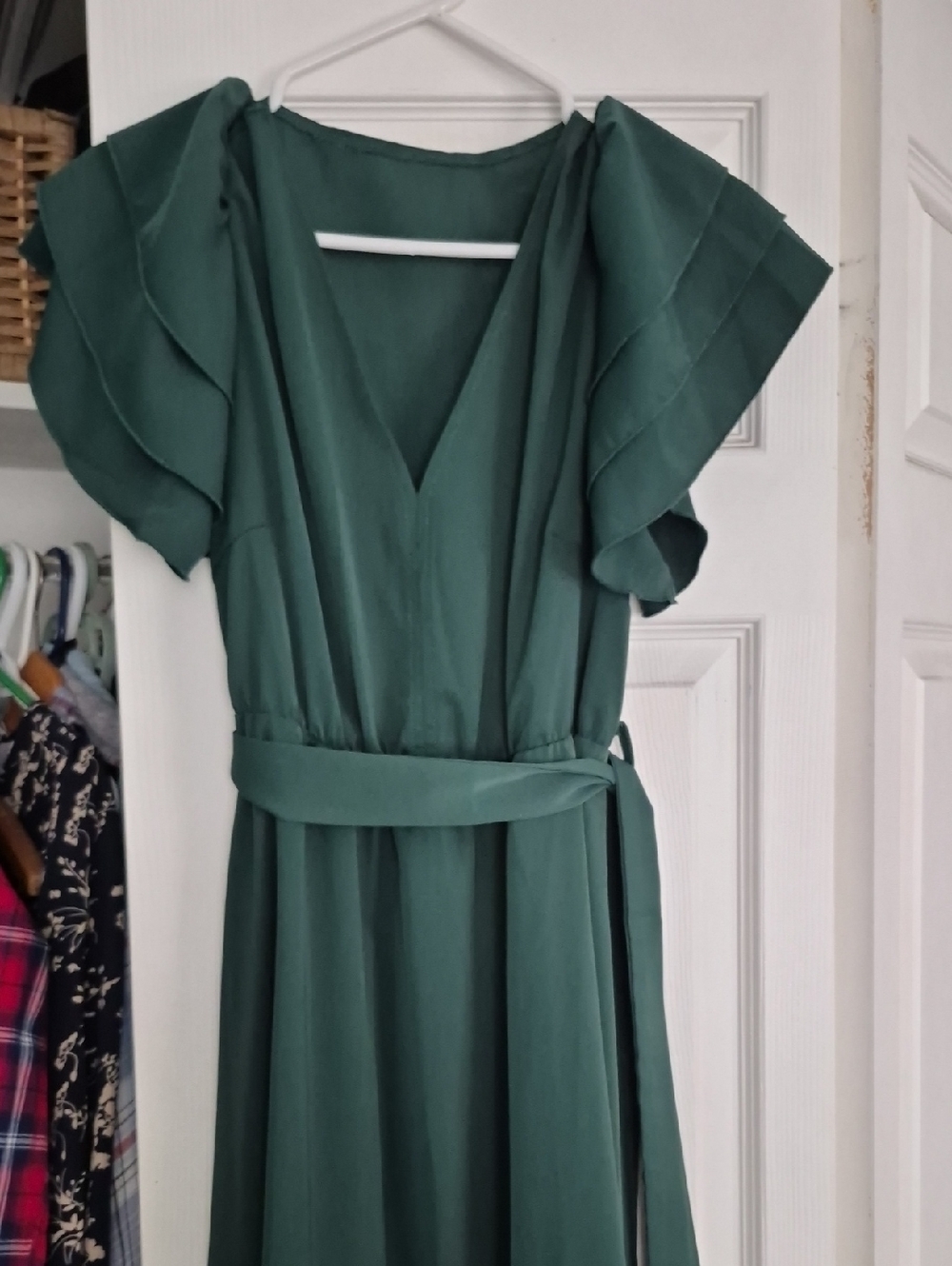 SHEIN Emerald Green Flutter Sleeve Wrap Midi Dress